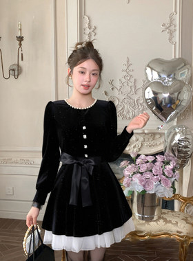 送腰带2026春季新款复古法式千金风多层纱摆收腰连衣裙QY0149