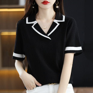t恤女夏季 冰丝针织衫 2024新款 大码 遮肚子上衣宽松薄款 Polo领短袖