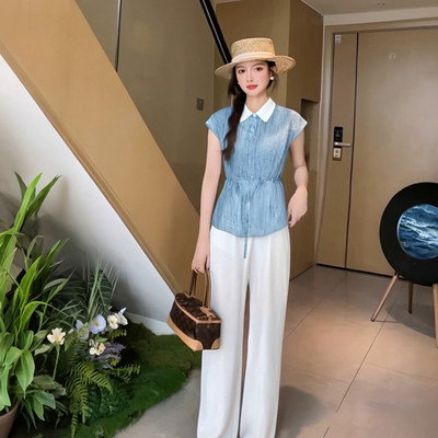 两件套2026春夏季新款女时尚简约翻领无袖小衫阔腿长裤套装D2786