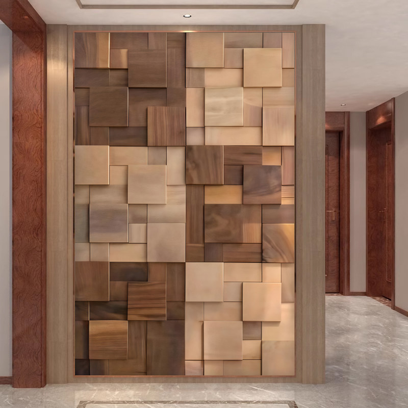 原木风现代玄关背景墙壁纸3d立体壁画餐厅走廊过道隐形门墙布艺术