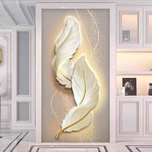 奶油风现代3D立体羽毛玄关壁纸壁画过道墙纸客厅背景墙简约8d墙布