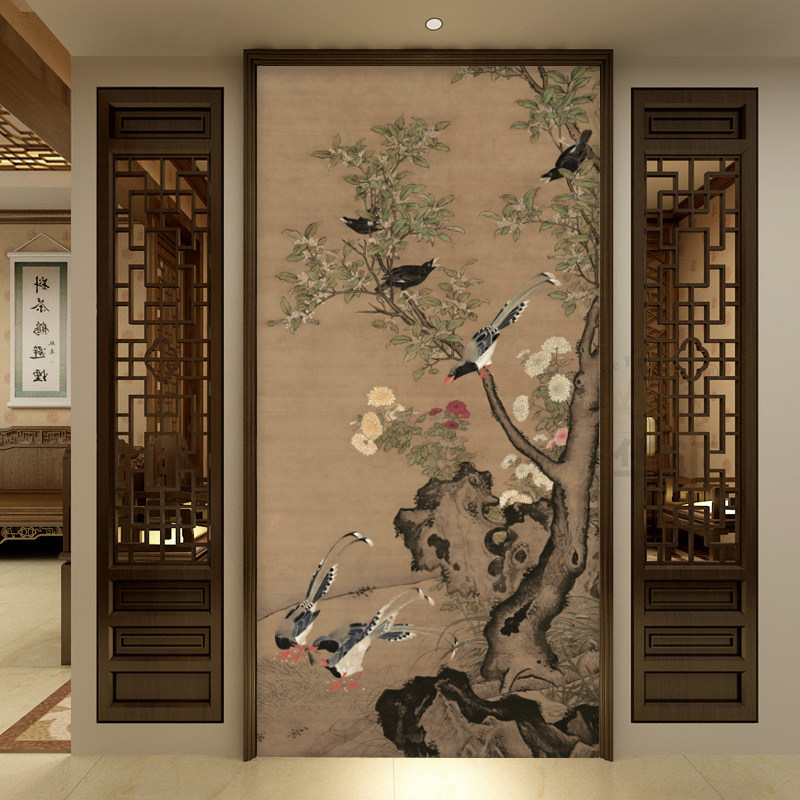 复古玄关壁纸吕纪中古风入户进门竖版高级感壁画走廊过道无缝墙布