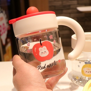 可爱玻璃杯带把手食品级高硼硅水杯耐高温牛奶早餐杯子带盖家用女