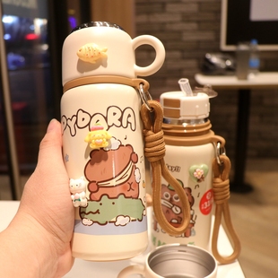 卡皮巴拉保温杯高颜值双饮吸管杯子儿童水杯学生上学专用水杯男孩