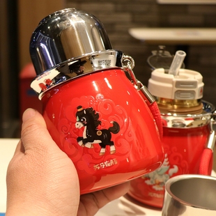 覆钛马年葫芦保温杯高档茶水分离泡茶吸管水杯女红色结婚礼品杯子