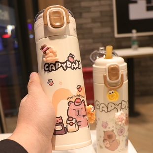 卡皮巴拉保温杯2025新款学生高颜值儿童上学专用吸管水杯便携女孩