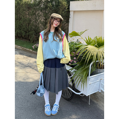 品牌撞色拼接百褶半裙