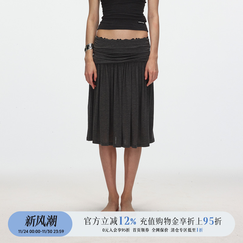 腰部抽褶设计高腰过膝半身裙