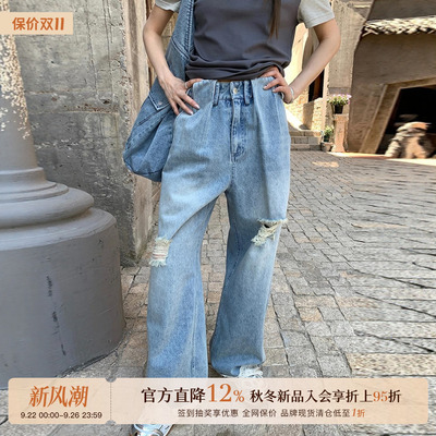 品牌打褶水洗蕾丝浅蓝牛仔裤