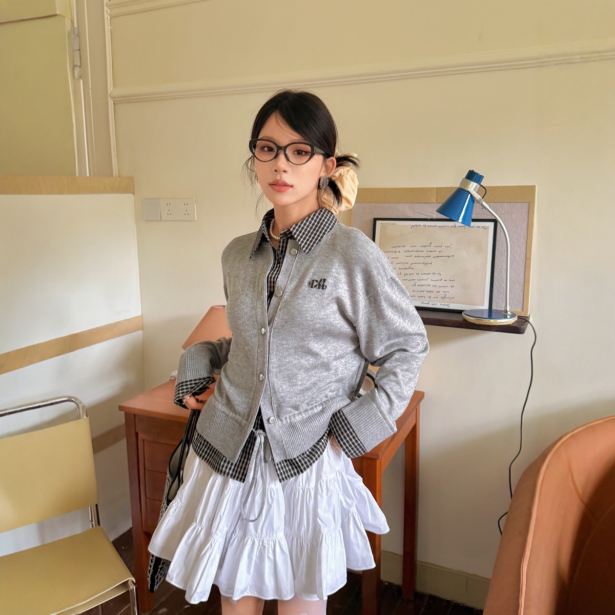 设计师格纹衬衫拼接感灰色开衫