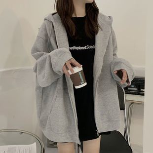 卫衣女春秋新款 外套潮 韩版 休闲灰色拉链盐系连帽显瘦宽松运动开衫