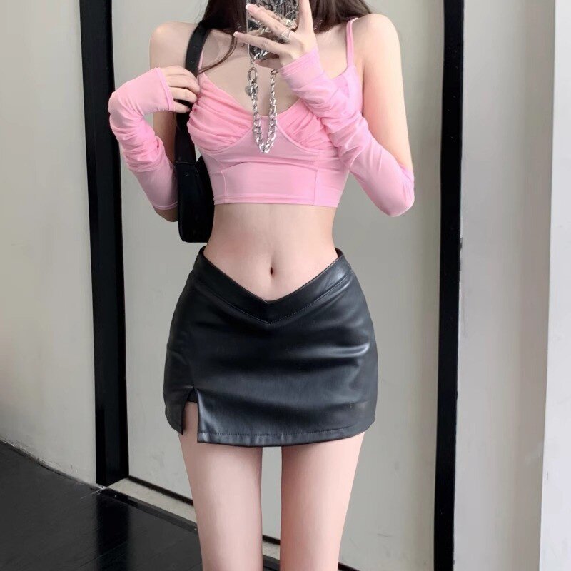 不规则开叉银色半身裙女2024秋冬季高腰显瘦辣妹包臀皮裙a字裤子