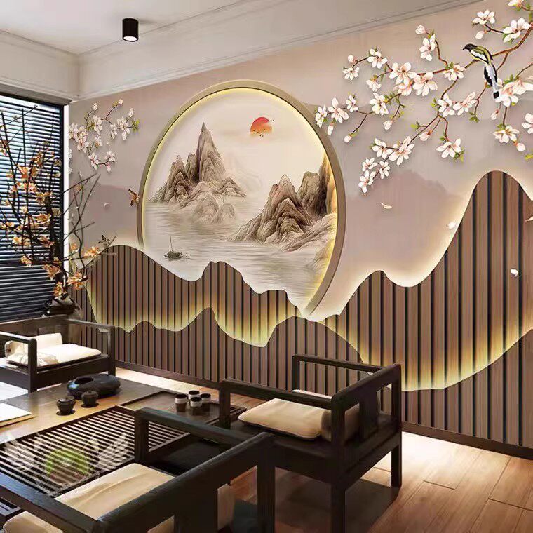 新中新竹木纤维板电视背景山水集成墙板客厅沙发办公室装饰护墙板