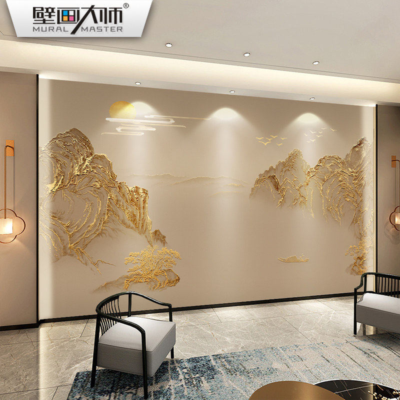 2026新中式山水墙板轻奢电视背景墙集成板立体客厅沙发装饰墙金色