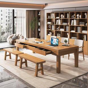 全实木书桌带抽屉图书馆办公学习桌椅组合家用去客厅化大长书桌