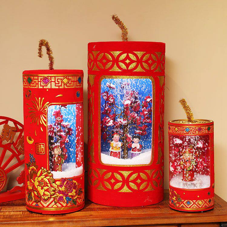 春节礼品飘雪鞭炮音乐灯摆件植绒节日装扮用品