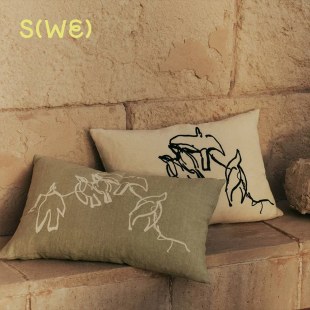 丹麦Fermliving Cushion小鸟涂鸦抱枕刺绣棉麻客厅沙发靠包 Vuelo