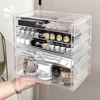 桌面抽屉式亚克力透明化妆品收纳盒大号梳妆台寝室护肤品可叠放架