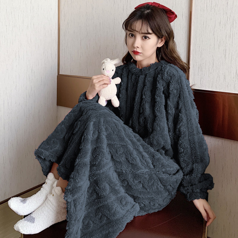 睡裙女秋冬季长款珊瑚绒加厚大码胖mm保暖纯色复古孕妇宽松睡衣裙