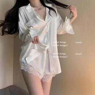 男友家居服白 高级感超好看 睡衣性感蕾丝衬衫 新款 睡裙冰丝长袖