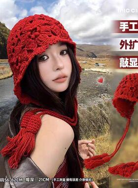 2025网红爆款帽子民族风立体花朵针织拍照百搭流苏包头帽毛线帽