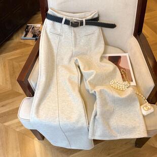 高级感灰色毛呢阔腿裤 女秋冬加厚韩系高腰显瘦垂感直筒拖地西装