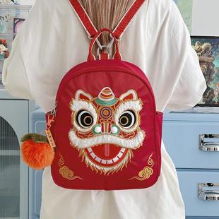 国潮醒狮背包中国风大学生休闲儿童包卡通狮子脸谱国双肩包包个