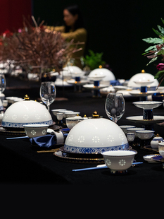 景德镇玉柏青花玲珑高端酒店摆台1人位餐具套装高档私人会所包厢