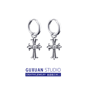 s925纯银闪钻皓石十字架耳环男潮酷蹦迪嘻哈小众朋克耳夹女无耳洞