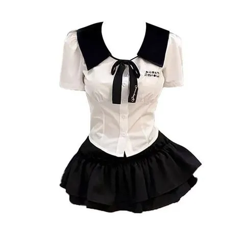 辣妹蓬蓬学院风jk制服衬衣裙子套装领结蛋糕裤纯高腰两件套欲短袖
