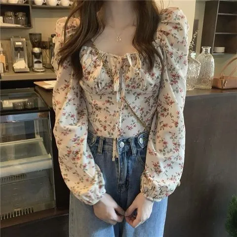 碎花超仙新款女泡泡衬衫设计感小众别致法式上衣大码春秋短长袖款