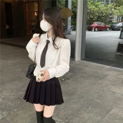 纯泡泡袖短款套新款衬衫jk制服女衬衣收腰欲白色学院风春季辣妹