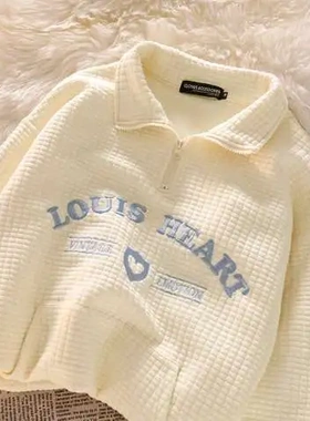 华夫格卫衣ins字母潮cuwu长袖女软糯奶油白刺绣情侣装polo衫