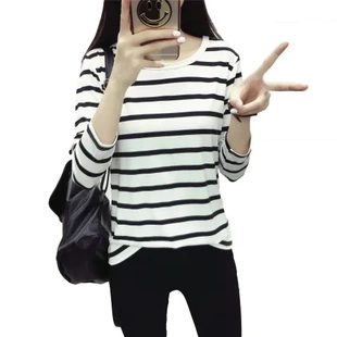 长袖 一件T恤2019秋季 女装 大码 批新款 宽松条纹打底衫