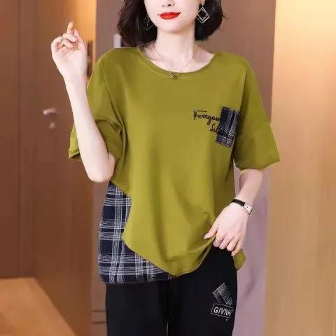 t恤胖圆领衫短袖大码假两件百搭恤遮肚子8206上衣显瘦女夏薄款mmT