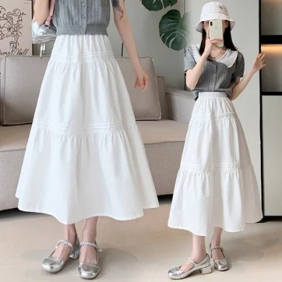 韩系蛋糕裙中长裙白色半身裙高腰小个子显瘦温柔风甜美松紧腰百搭
