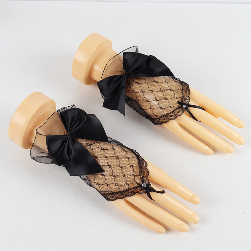 新款勾指蕾丝花边手套大蝴蝶结黑色ita万圣节手袖新娘婚礼白色