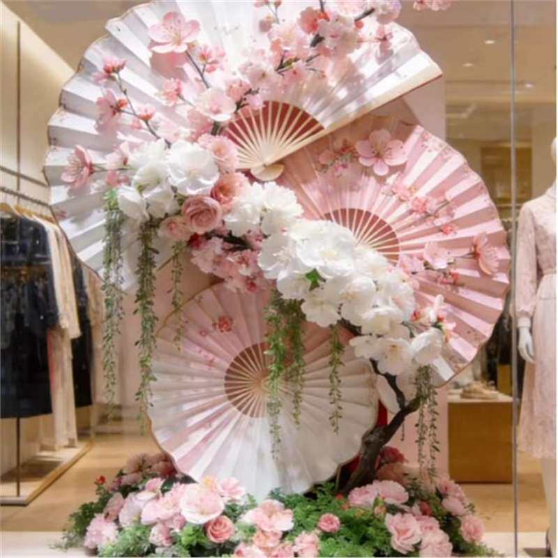粉色仿真花服装店商场橱窗春天装饰场景布置扇子花假花摆设造景