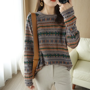 宽松休闲上衣全棉线衣女 女套头韩版 纯棉线提花圆领长袖 打底针织衫