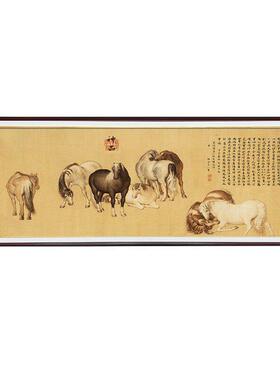 八骏图浮雕描金客厅装饰画实木边框端肌理打印立体公室挂画
