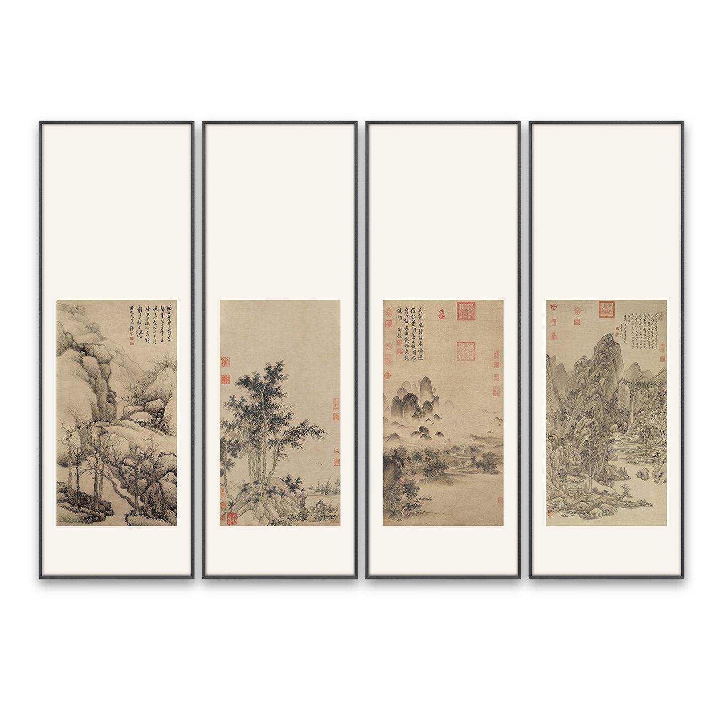 新中式酒店茶室民宿禅意山水挂画客厅沙发背景墙四联条屏装饰壁画