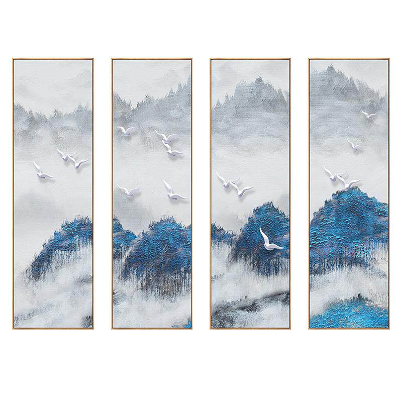 新中式客厅装饰画中式沙发背景墙挂画四条屏茶室书房四联水墨壁画