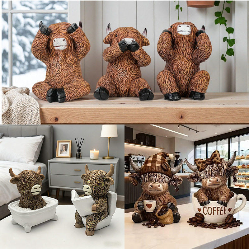 跨境高地牛树脂雕像摆件植绒彩绘工艺客厅桌面咖啡主题礼品精美