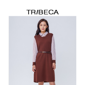 TRIBECA翠贝卡商场同款秋季休闲拼接条纹长袖连衣裙