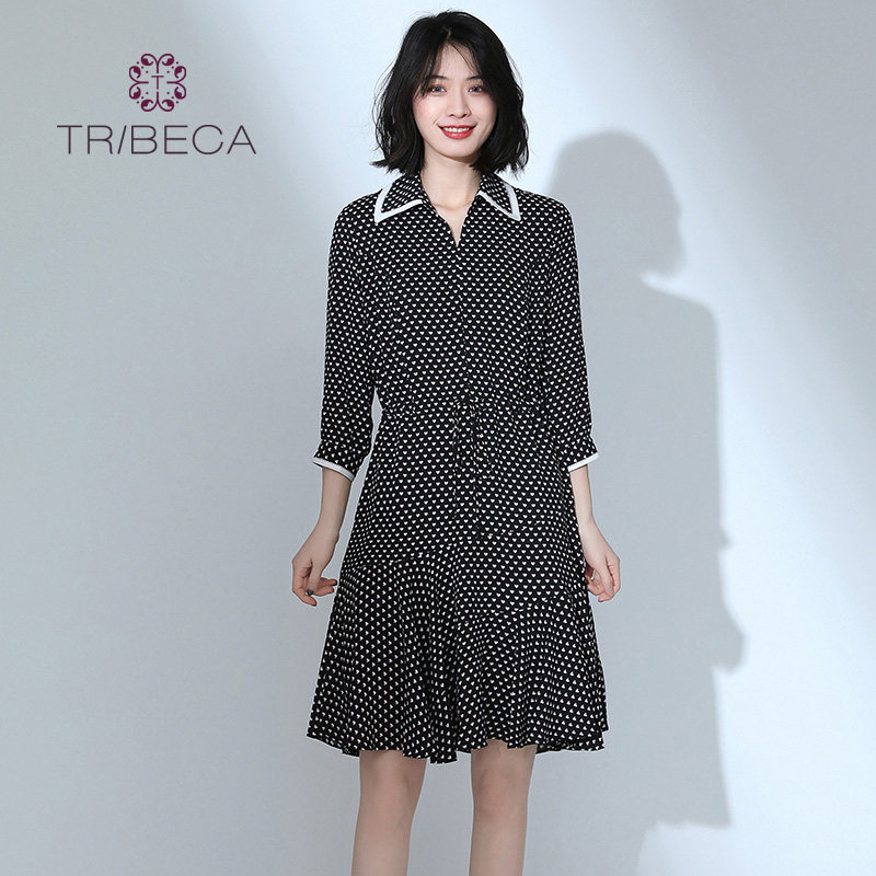 TRIBECA翠贝卡商场同款波点七分袖收腰中长款连衣裙