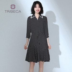 TRIBECA翠贝卡商场同款波点七分袖收腰中长款连衣裙