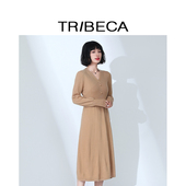 TRIBECA翠贝卡商场同款 秋女收腰V领显瘦针织连衣裙