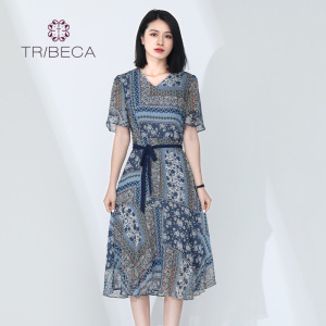 TRIBECA翠贝卡春秋新款法式复古印花收腰连衣裙显瘦气质中长裙子