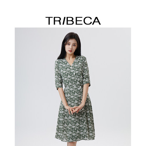 TRIBECA翠贝卡高腰五分袖连衣裙