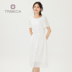 TRIBECA翠贝卡夏商场同款圆领短袖收腰雪纺女连衣裙